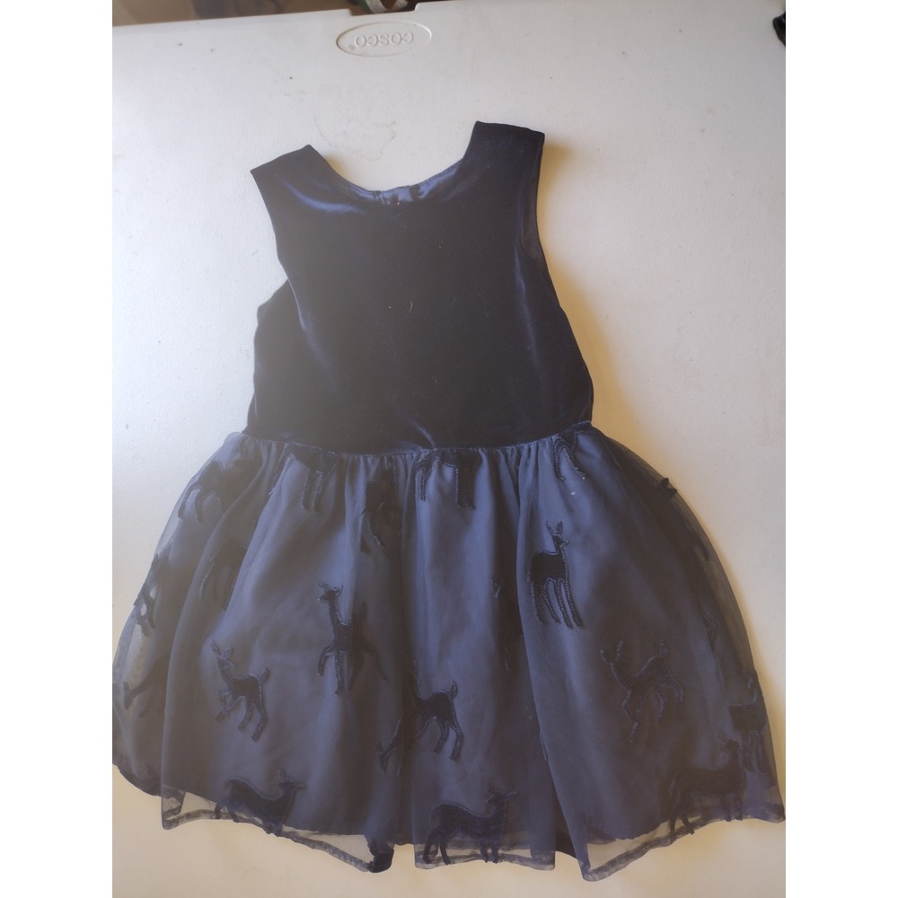 Cat & Jack Girls 5T Navy Blue Velvet Tulle Deer Holiday Dress Sleeveless Button